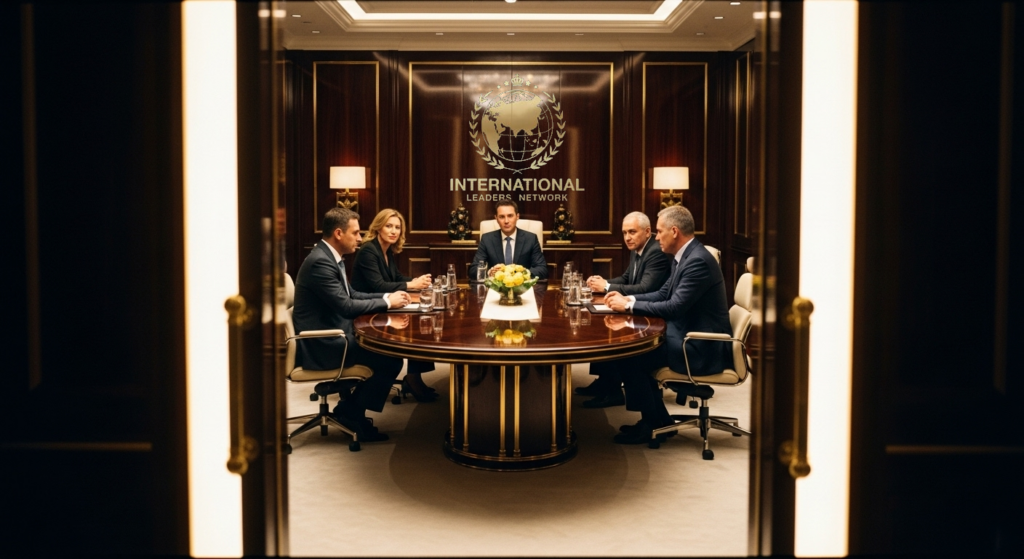 meeting room with people sitting at a table in front of the international leaders network logo