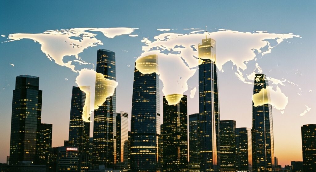 city skyline with a translucent image of the world over it