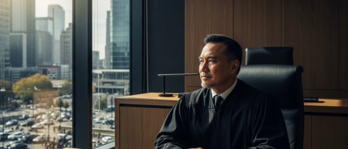 image of a male judge looking out of a window with his hands folded