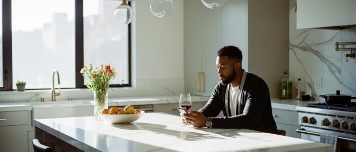 image of a man who is using his phone in his kitchen while enjoying a glass of wine