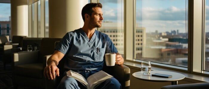 image of a man in scrubs enjoying the view with a cup and and a book