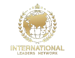 logo of international leaders network. it is a 2d golden globe surrounded by golden laurels with the words international leaders network below it
