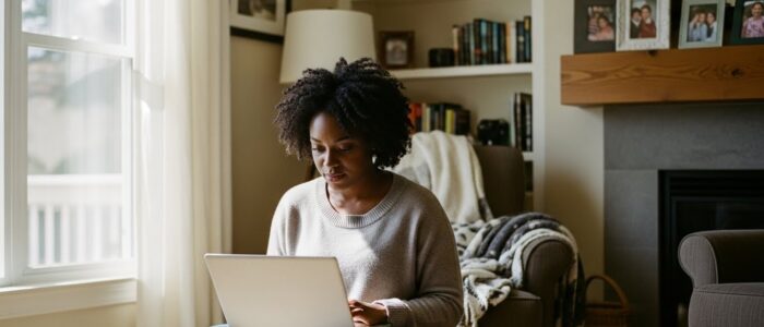 image of a woman using her laptop while seated in a family room