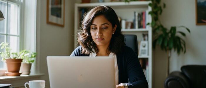 image of a woman who is using her laptop in her family room